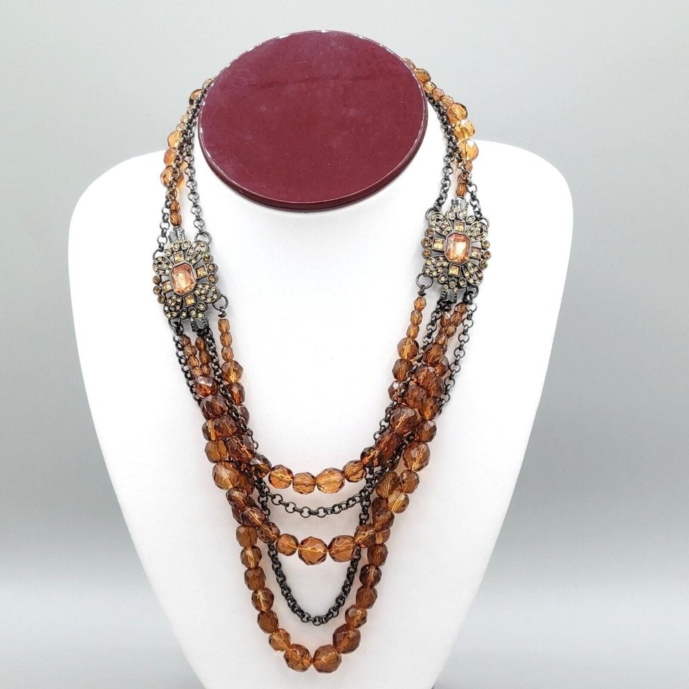 New York Co Signed Womens Brown Beads Multi Strand Necklace Gunmetal Tone 18 in